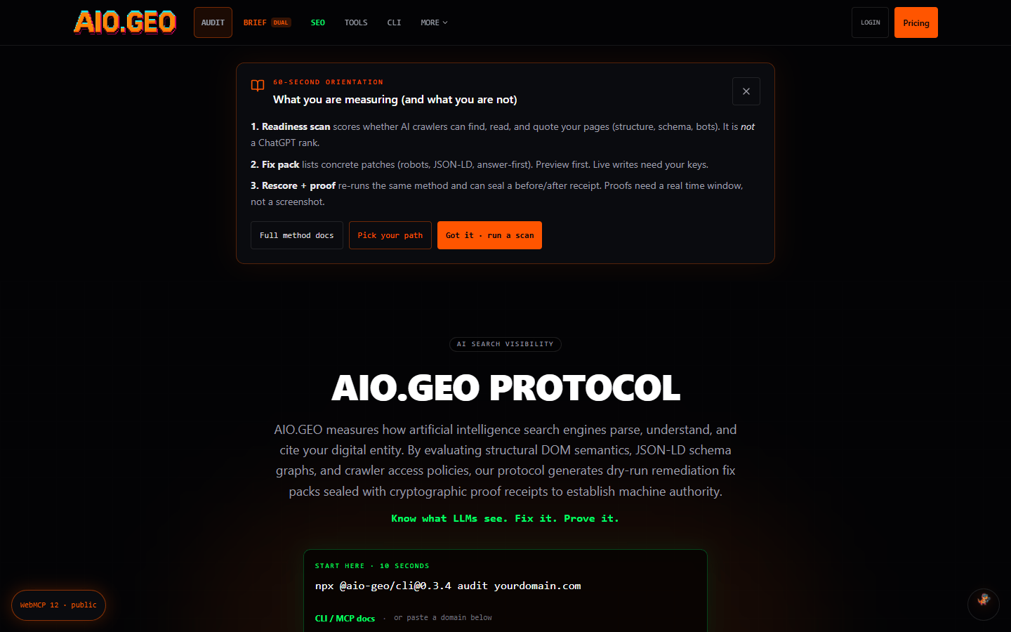 Screenshot of the AIO.GEO Protocol website