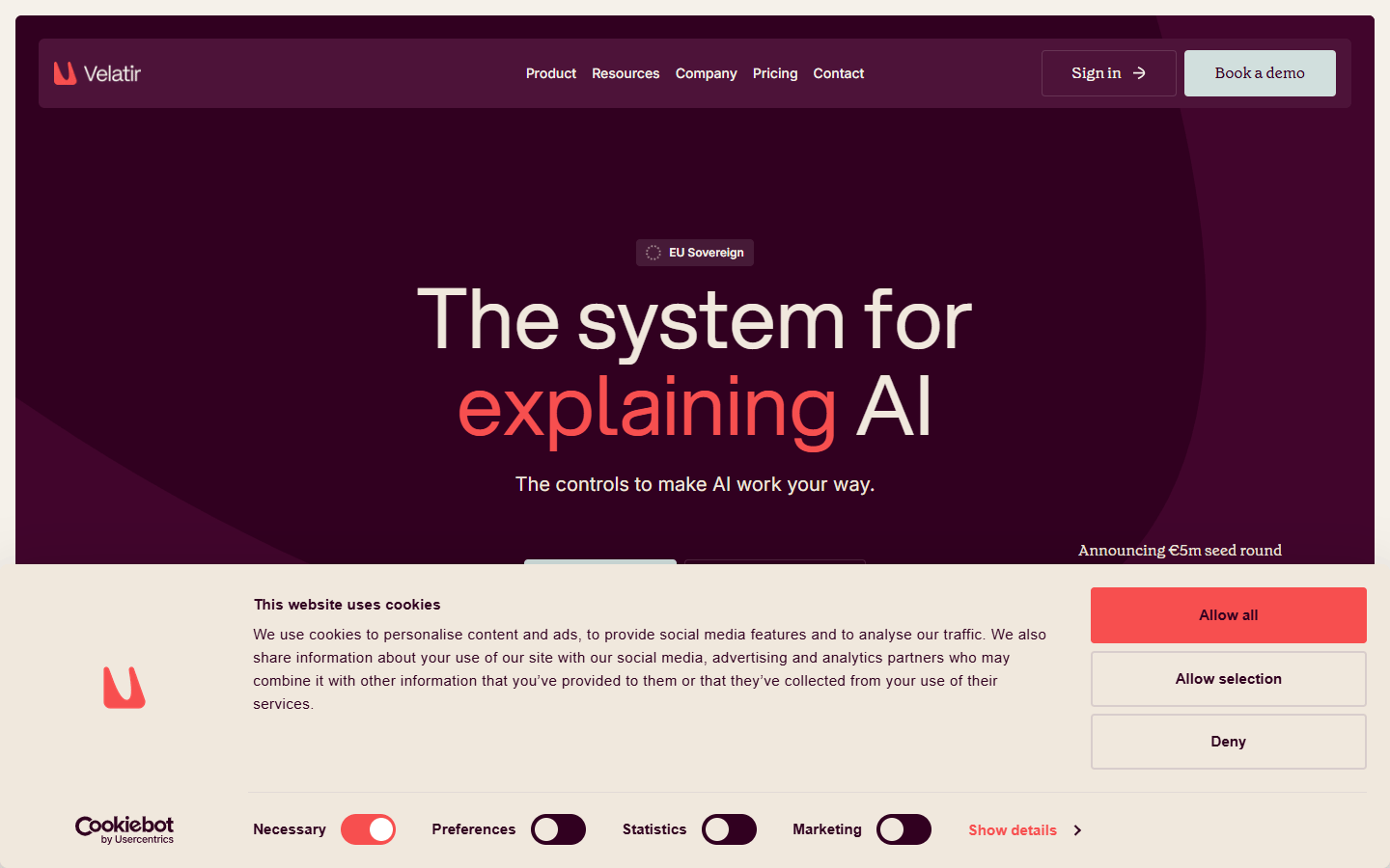 Screenshot of the Velatir website